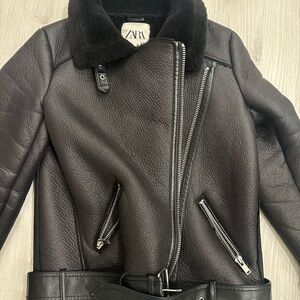 Zara Textured Black Leather Jacket with Belt